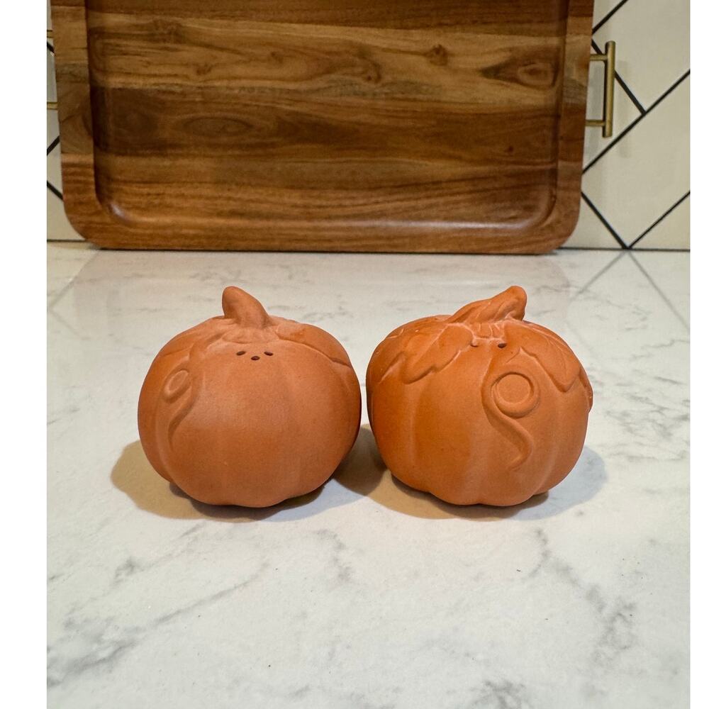 Vintage 80s unglazed matte terracotta pumpkin salt and pepper shaker set